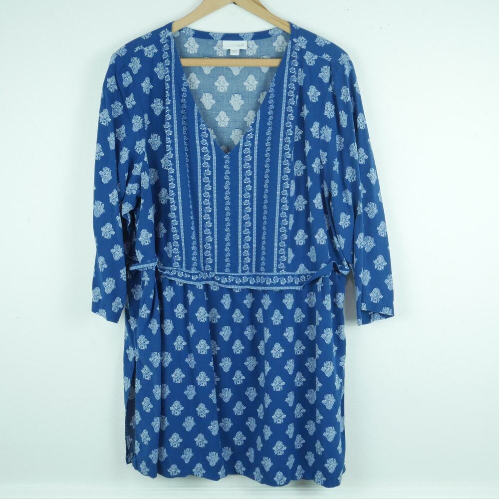J Jill XL Tunic Beach Cover Blue Popover Boho Block Print Hippy Relaxed Coastal